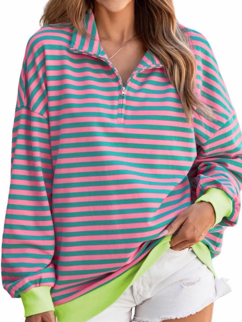 Striped Half-Zip Pullover Sweatshirt in Pink and Teal